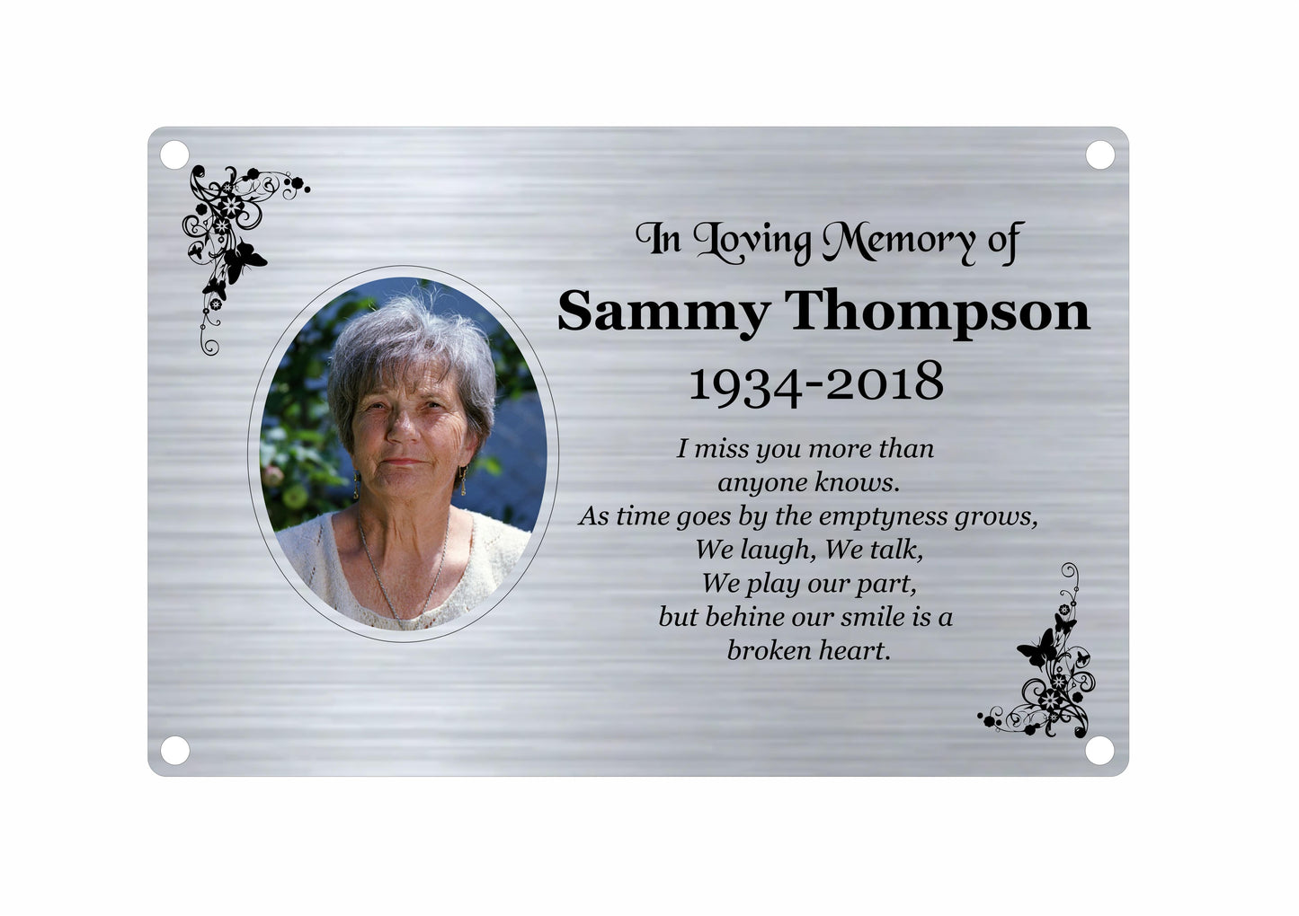 Memorial plaque for Sammy Thompson with a photo and text on a white background