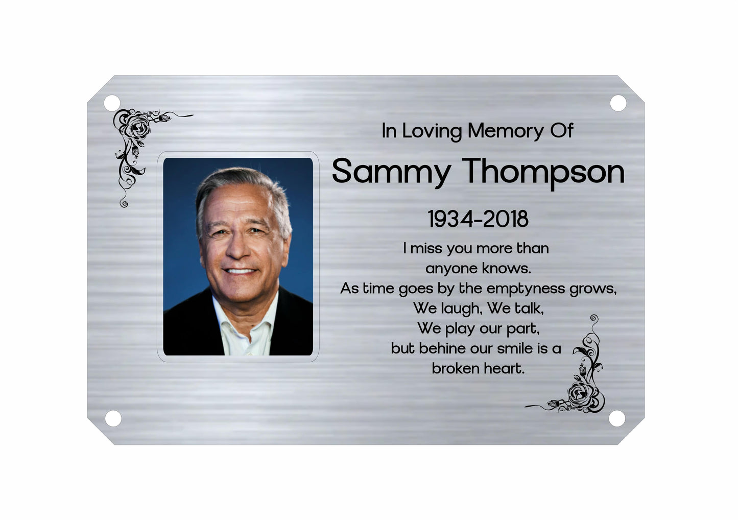 Memorial bench plaque for Sammy Thompson with a photo and text on a white background