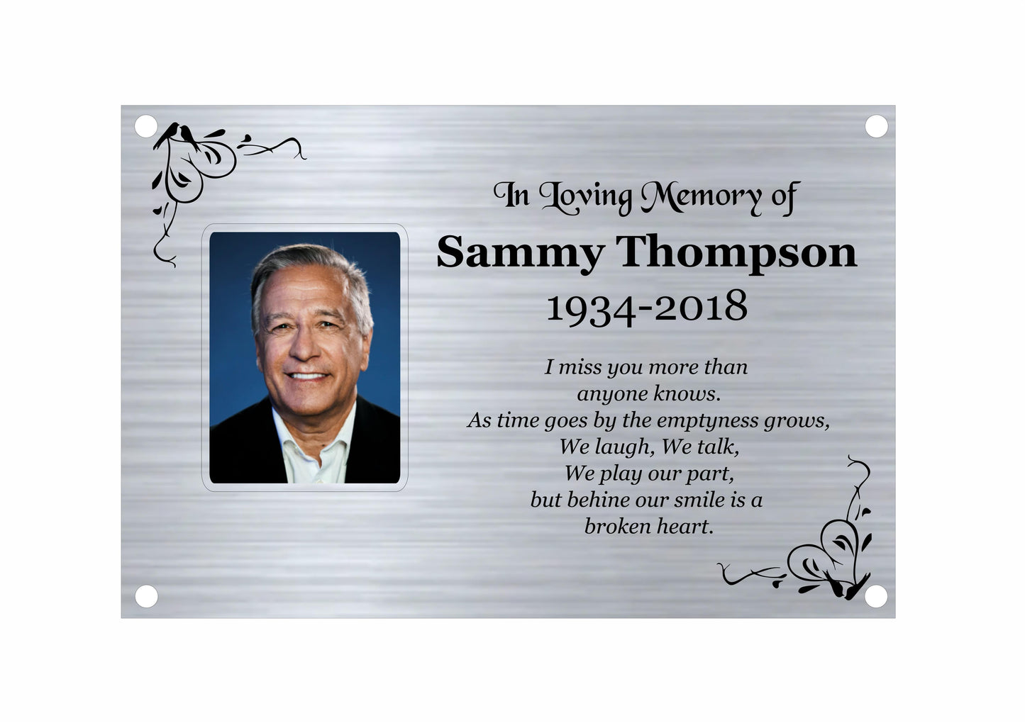 Memorial bench plaque with a photo of Sammy Thompson and a quote about his life.