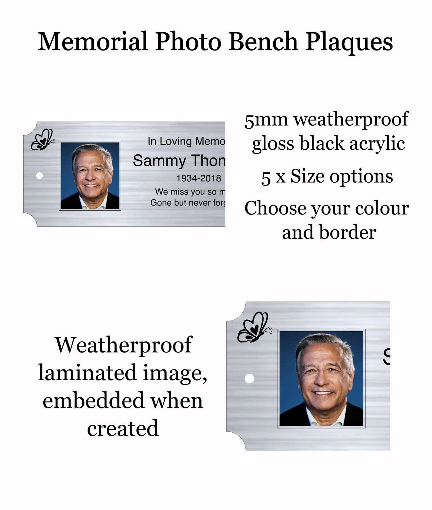 Memorial Photo Plaque, Engraved Bench Plaques, Engraved Tree Sign, Silver, Weatherproof, Grave