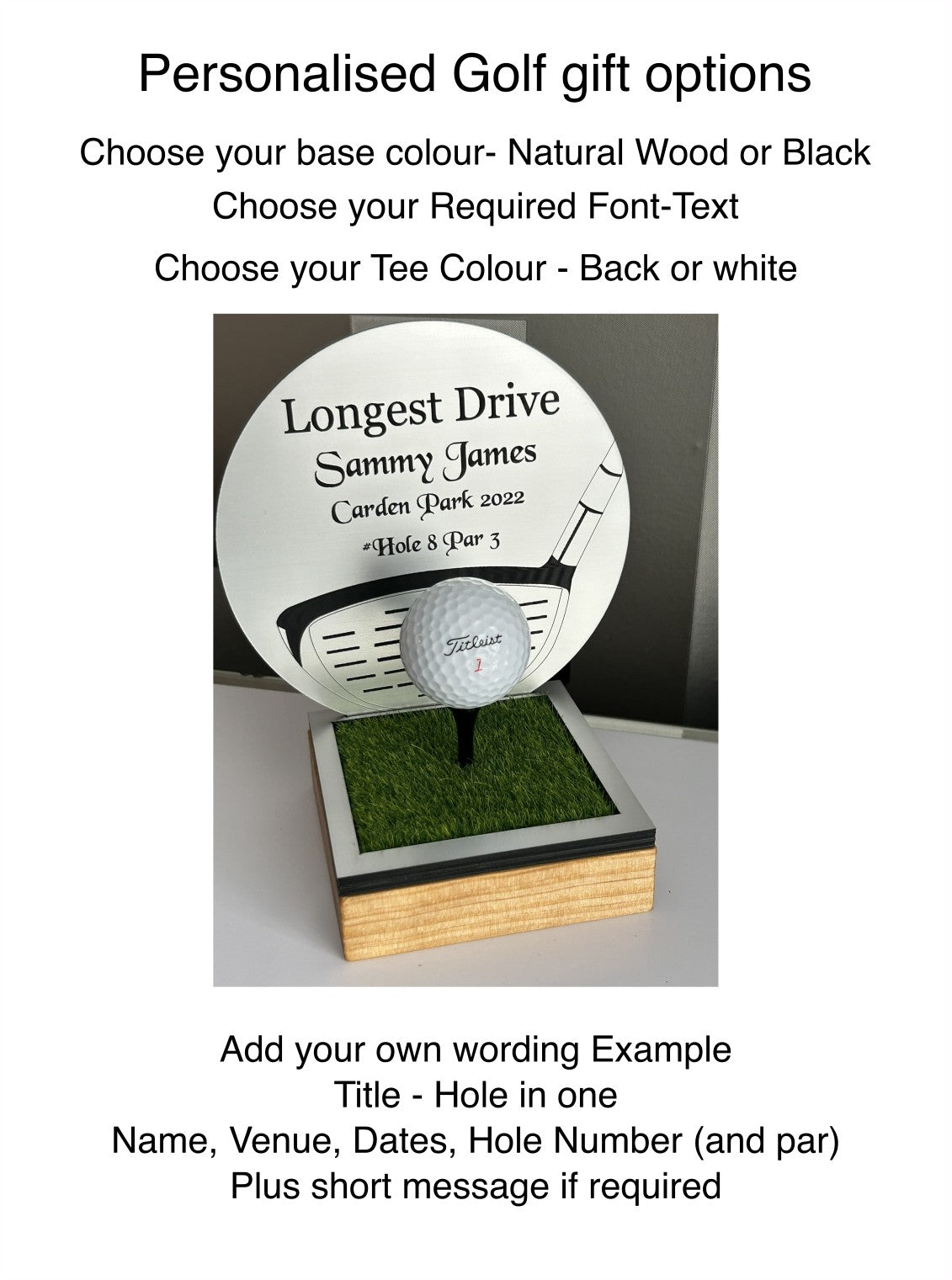 Hole in one, Golf Gifts, Longest Drive, Nearest the pin, personalised Plaques, Keepsakes ,Silver Driver