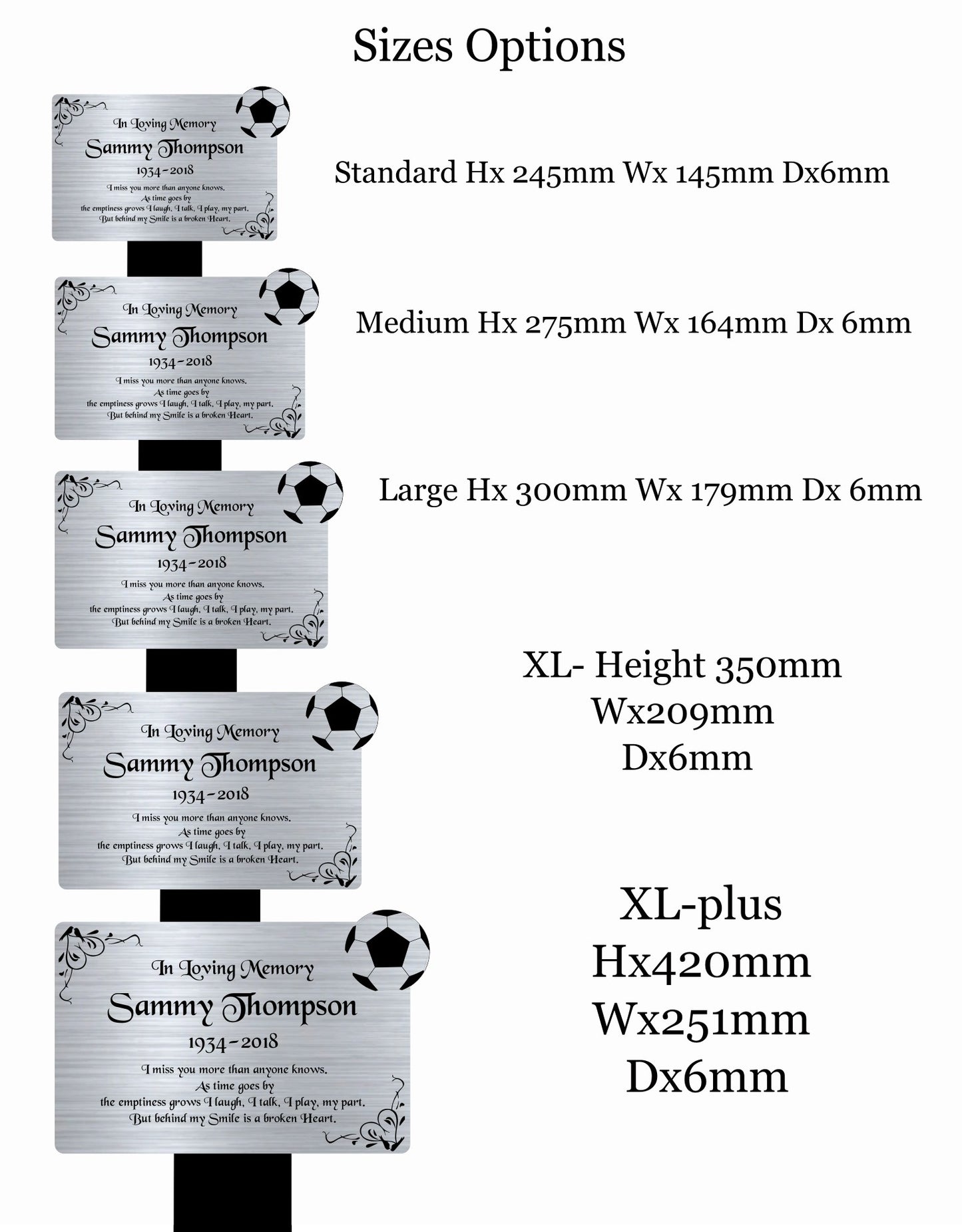 Memorial Plaque, Memorial Plaques for graves, Remembrance, Silver, Rounded, Football