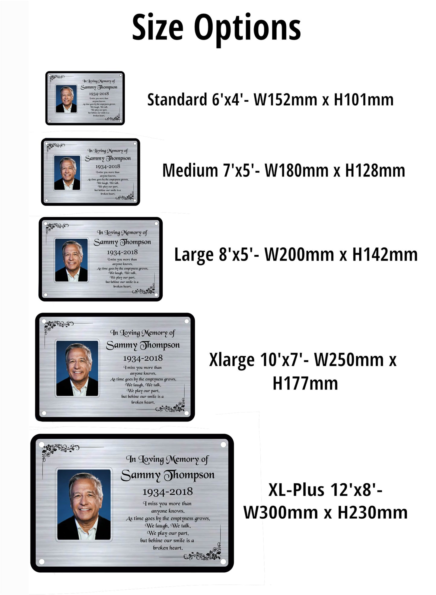 Size options chart for memorial plaques with dimensions listed.