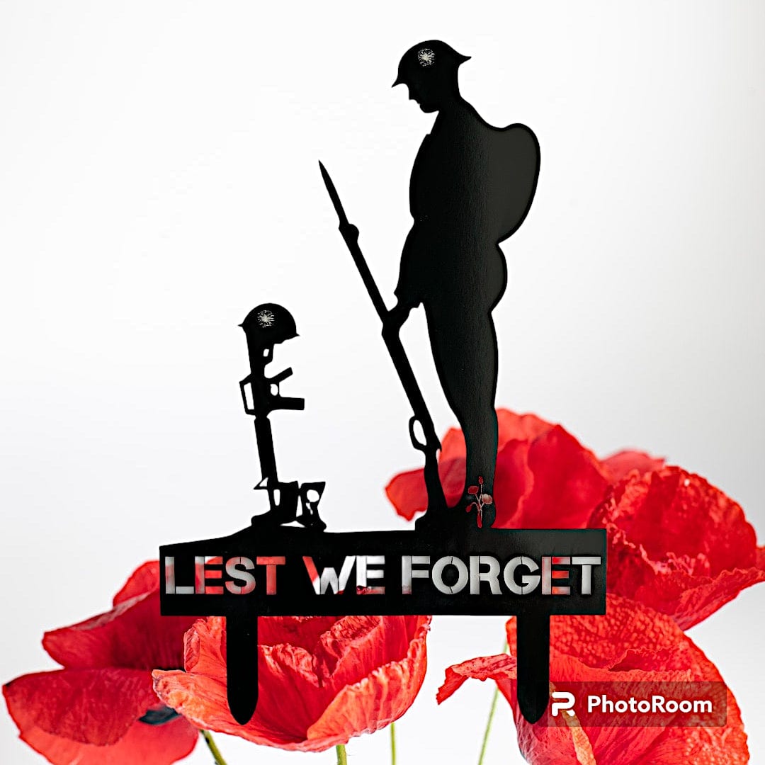 Remembrance Day Memorial Black Acrylic Gloss Lest we forget soldier garden grave marker spike