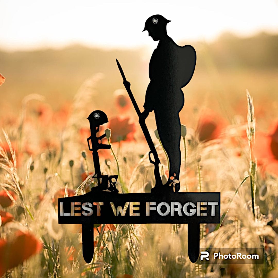 Remembrance Day Memorial Black Acrylic Gloss Lest we forget soldier garden grave marker spike