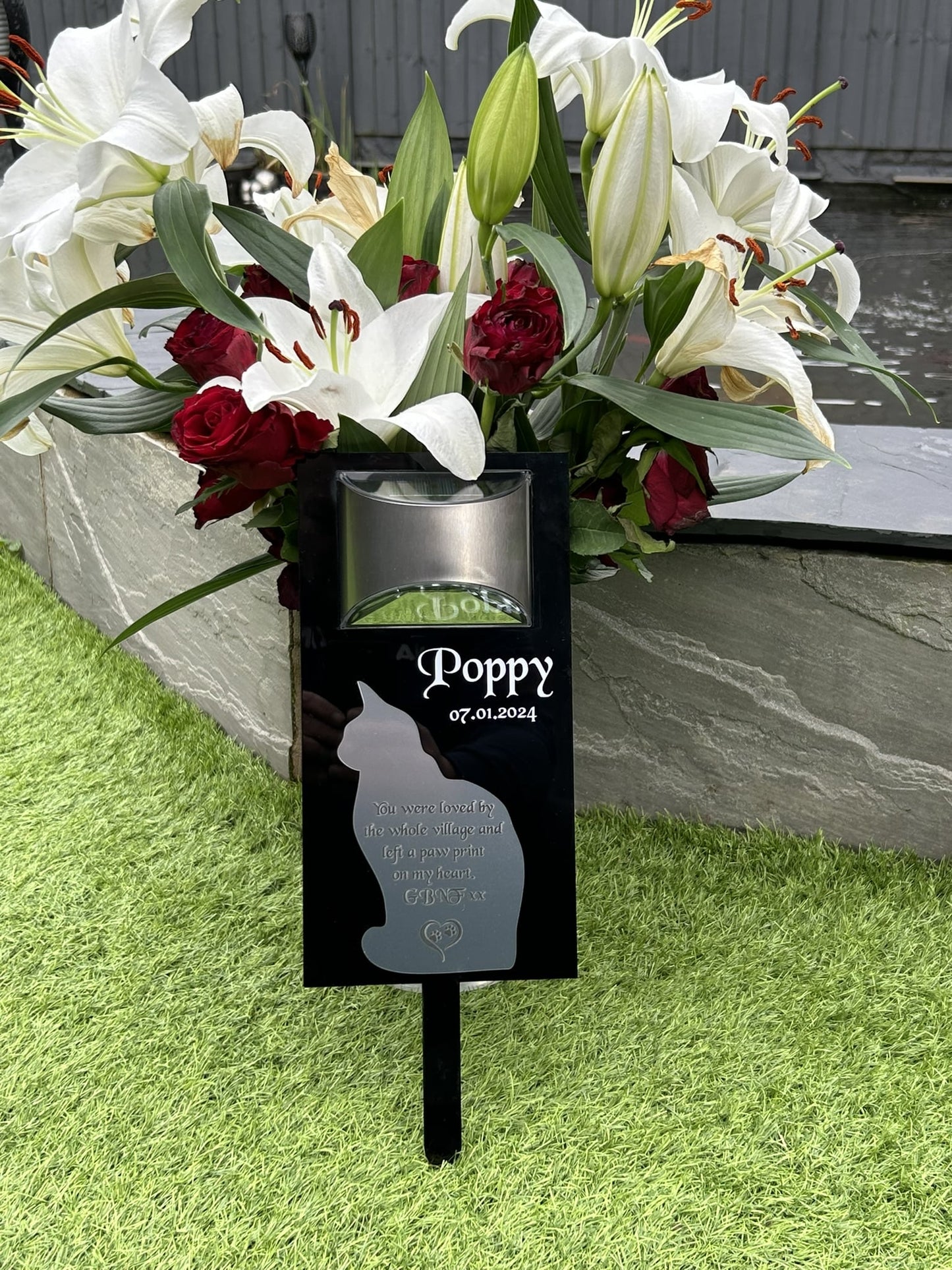 Personalised Pet Cat Memorial Plaque, Ground Stake, Grave Marker for Cemetery or Garden Sign & Solar Light