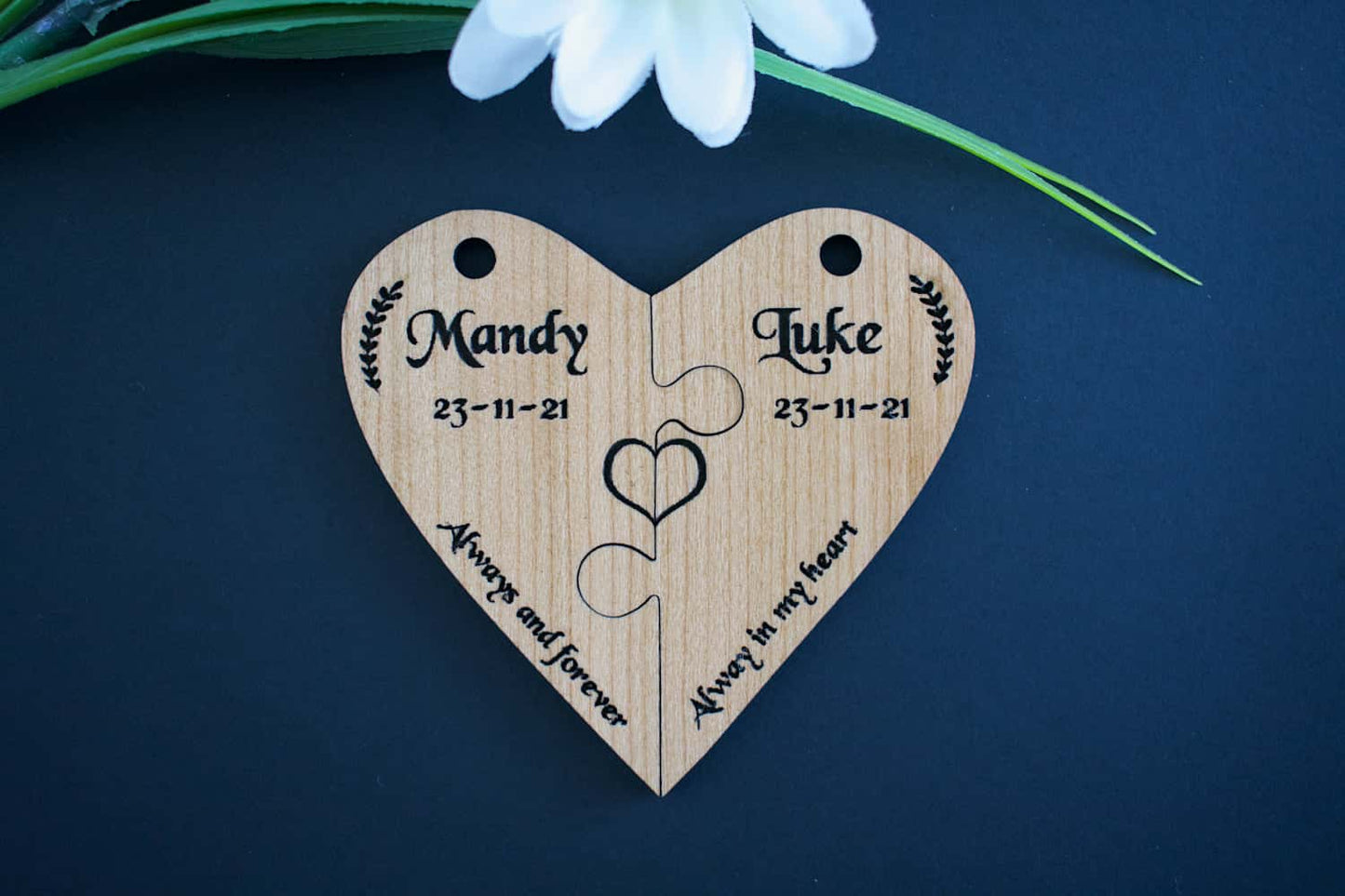 Love Heart Cherry Hardwood Veneer Personalised Jigsaw Keyring