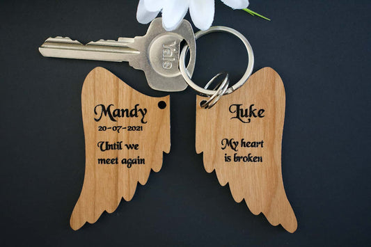 Memorial Angel Wings Cherry Hardwood Veneer Personalised Keyring