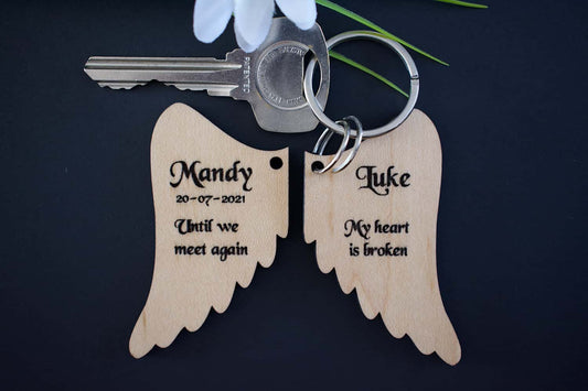 Memorial Angel Wings Maple Hardwood Veneer Personalised Keyring