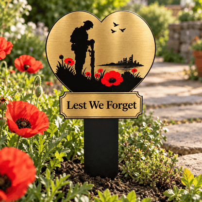 Lest We Forget Heart Memorial Plaque with Ground Spike – Soldier & Poppy Remembrance Design, Gold