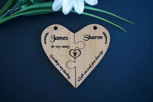 Memorial Love Heart Cherry Hardwood Veneer Personalised Jigsaw Keyring Keep Sake