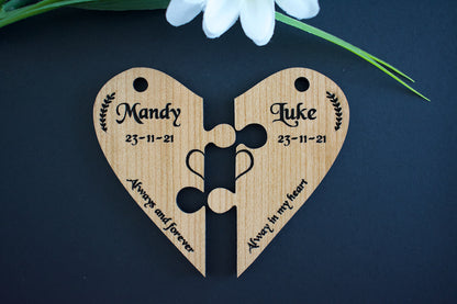 Love Heart Cherry Hardwood Veneer Personalised Jigsaw Keyring