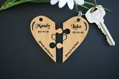 Love Heart Cherry Hardwood Veneer Personalised Jigsaw Keyring