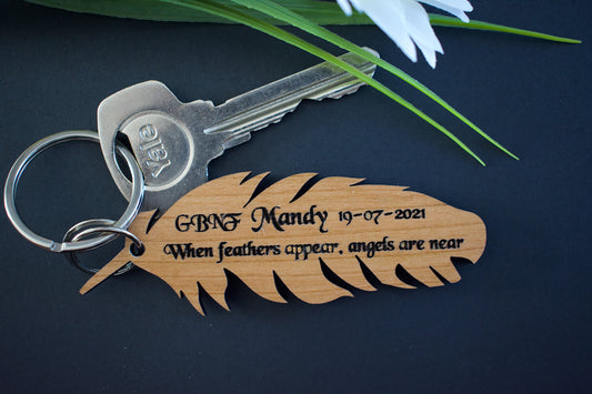 Memorial Feather Cherry Hardwood Veneer Personalised Keyring