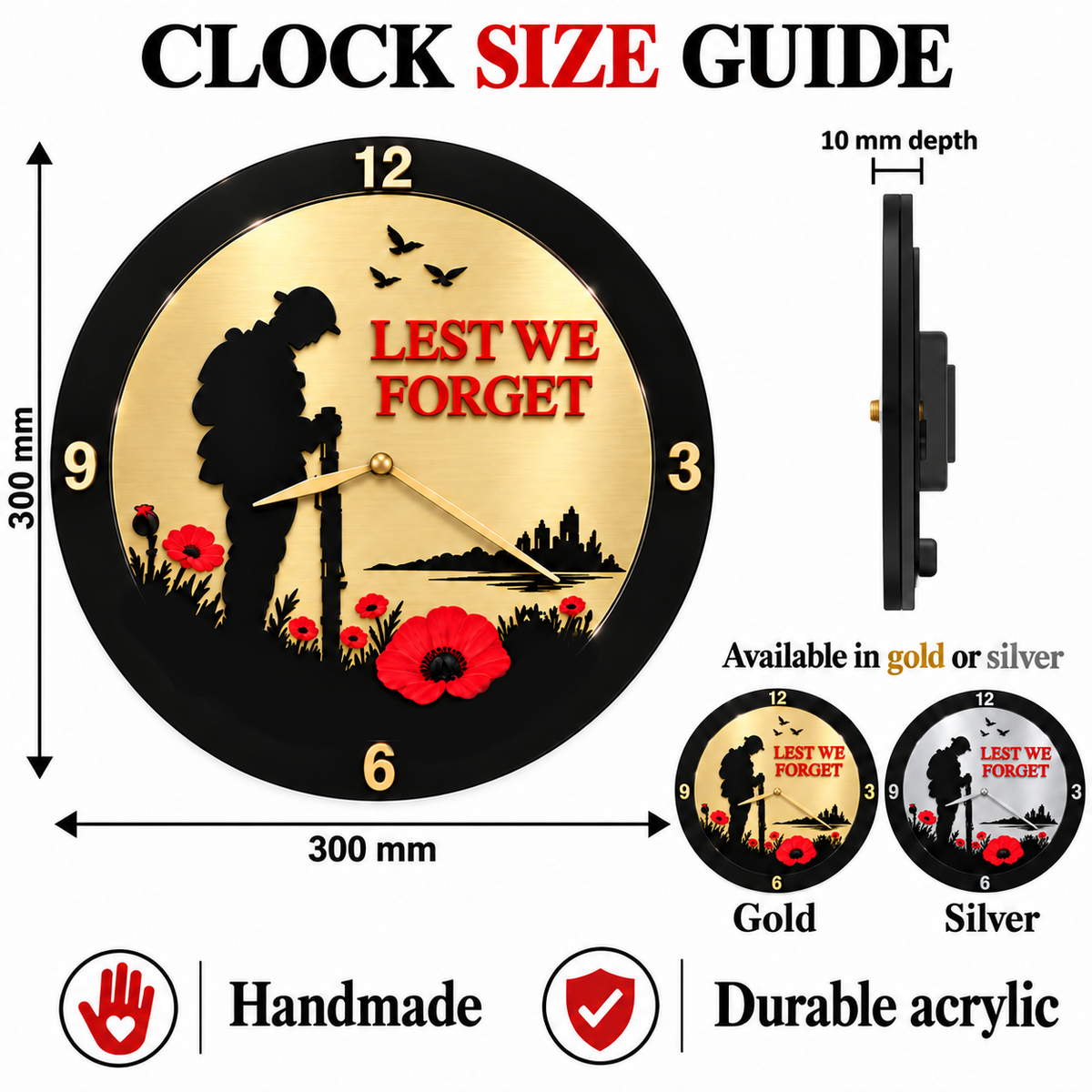 Lest We Forget Acrylic Poppy Remembrance Wall Clock 30cm Silver