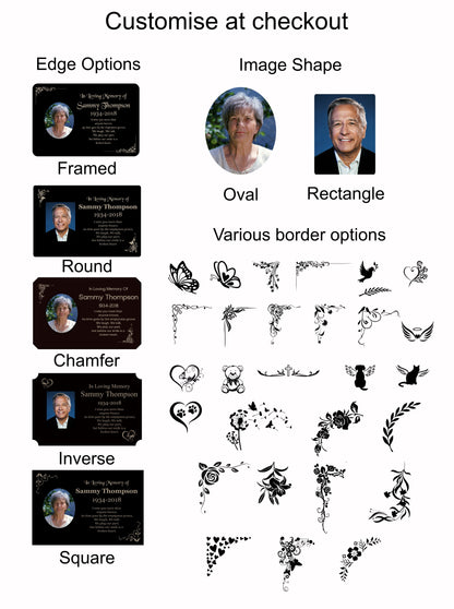 Personalised Memorial Photo Plaque, 29x21cm Engraved Grave Marker, with Gold Wording, Satin Black, with base stand
