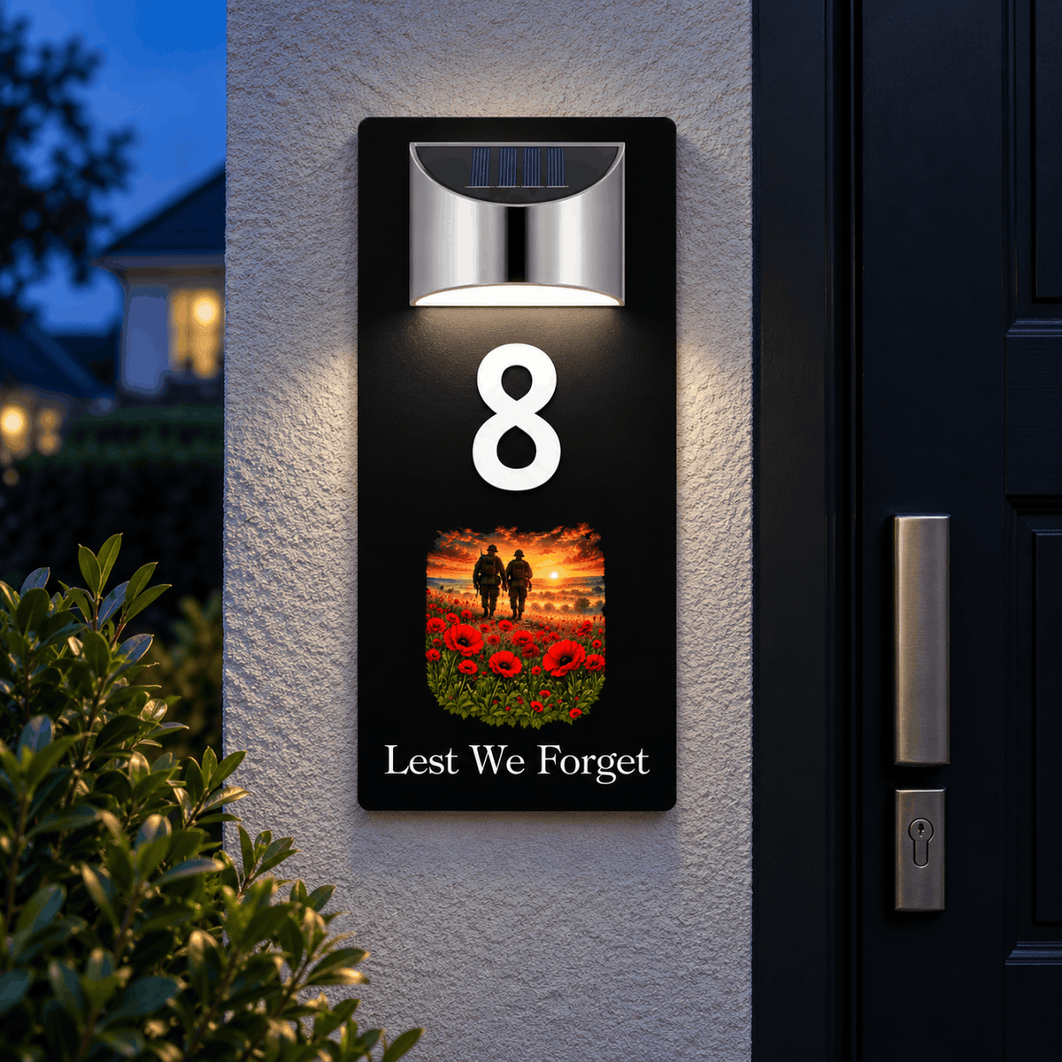 Personalised Solar House Number Sign – Lest We Forget or Your Own Image Soliders