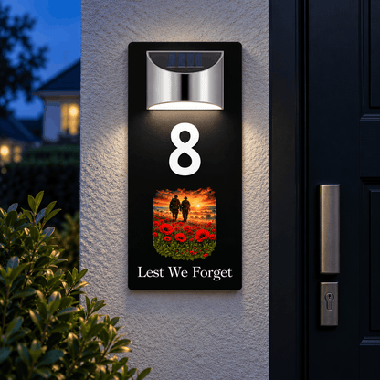 Personalised Solar House Number Sign – Lest We Forget or Your Own Image Soliders