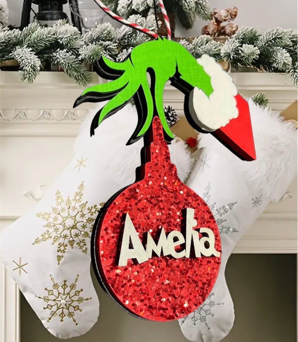 Personalised Wooden Grinch Hand Christmas Decoration, Christmas Tree