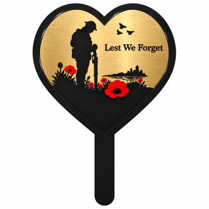Gold Lest We Forget Heart Memorial Garden Plaque with Soldier, Poppies & Ground Spike