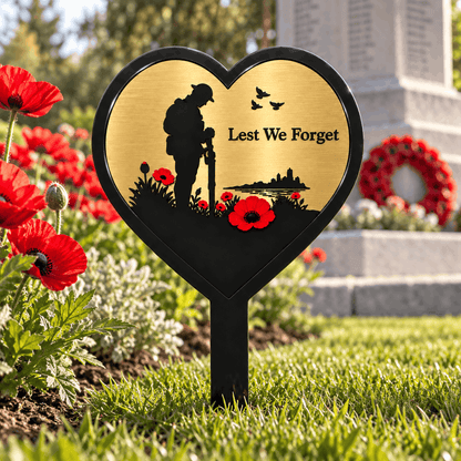 Gold Lest We Forget Heart Memorial Garden Plaque with Soldier, Poppies & Ground Spike