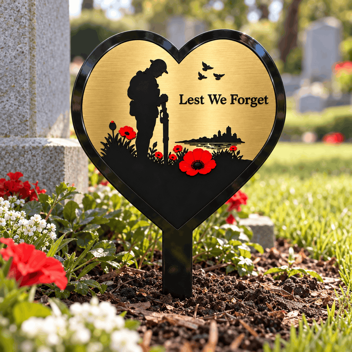 Gold Lest We Forget Heart Memorial Garden Plaque with Soldier, Poppies & Ground Spike