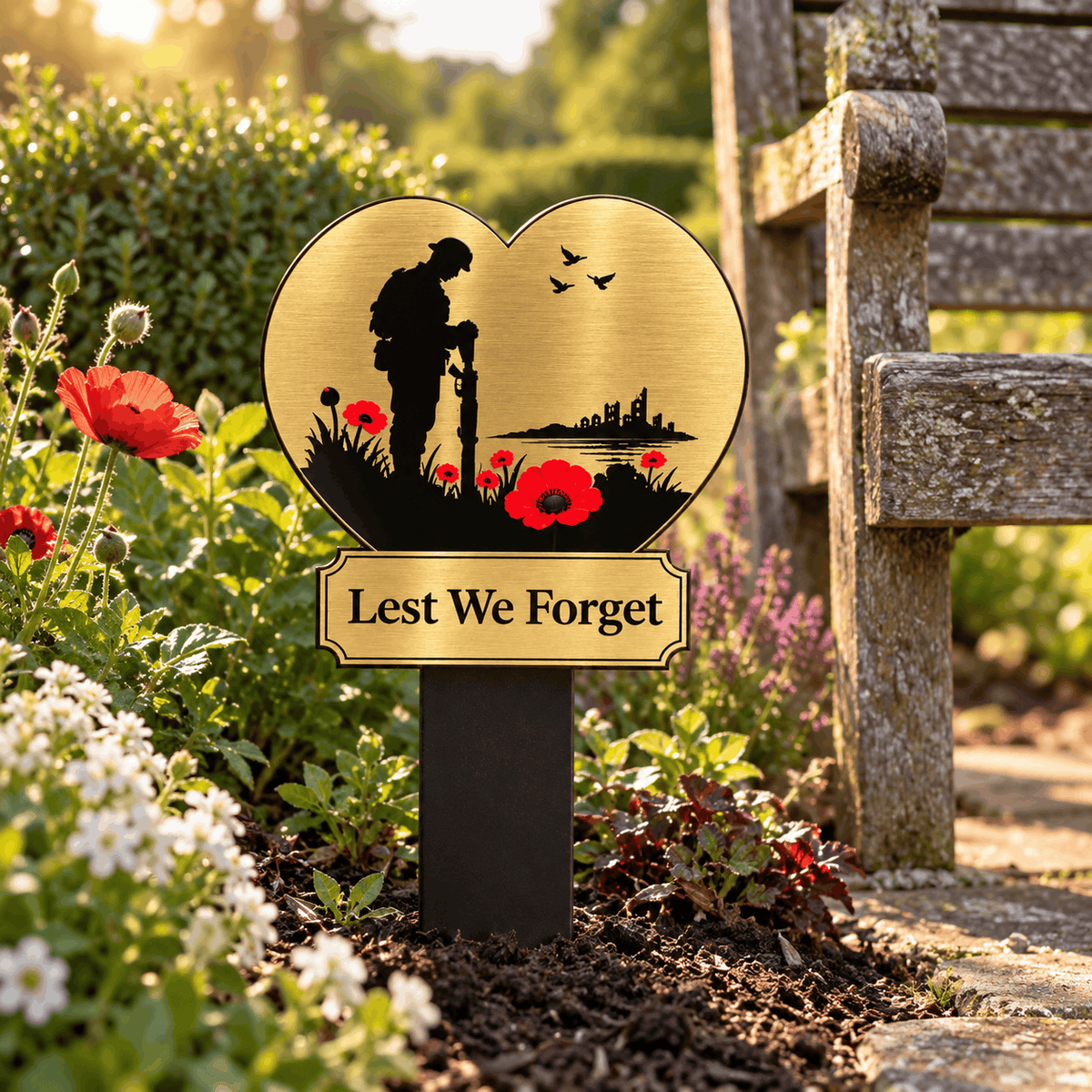 Lest We Forget Heart Memorial Plaque with Ground Spike – Soldier & Poppy Remembrance Design, Gold