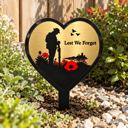 Gold Lest We Forget Heart Memorial Garden Plaque with Soldier, Poppies & Ground Spike