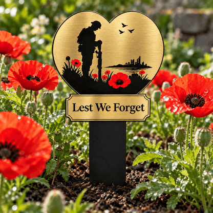 Lest We Forget Heart Memorial Plaque with Ground Spike – Soldier & Poppy Remembrance Design, Gold