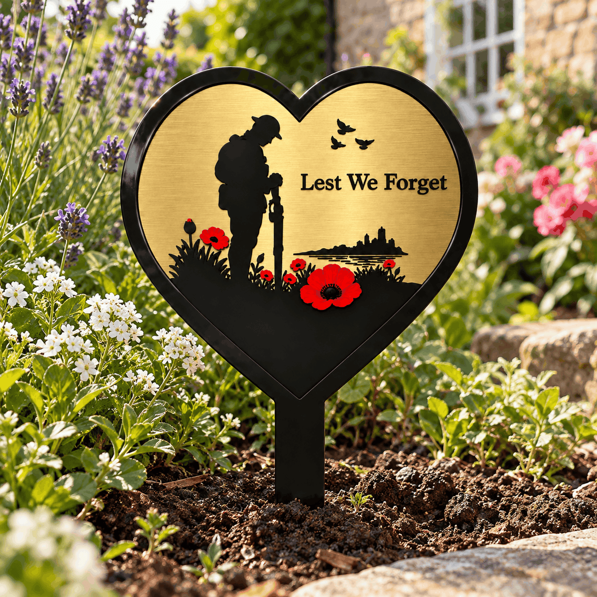 Gold Lest We Forget Heart Memorial Garden Plaque with Soldier, Poppies & Ground Spike