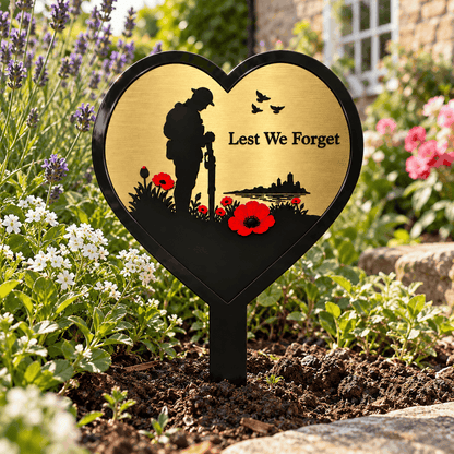Gold Lest We Forget Heart Memorial Garden Plaque with Soldier, Poppies & Ground Spike