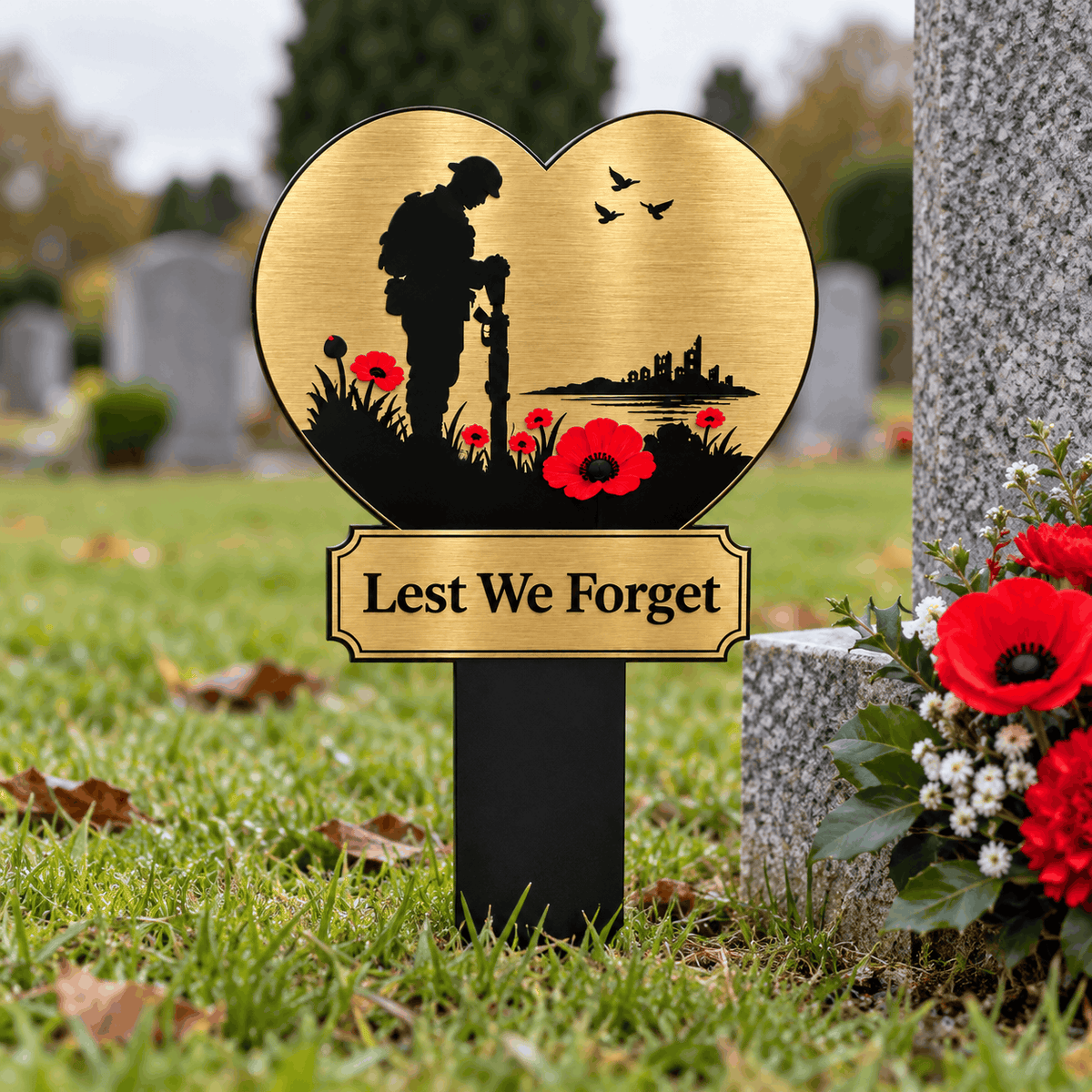 Lest We Forget Heart Memorial Plaque with Ground Spike – Soldier & Poppy Remembrance Design, Gold