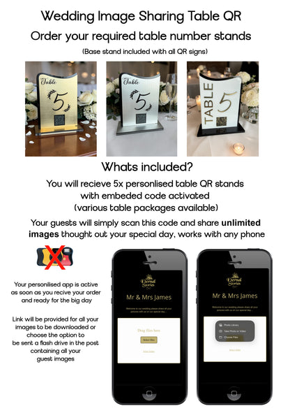 Personalised Wedding Table Sign & QR Stands with engraved text, gold
