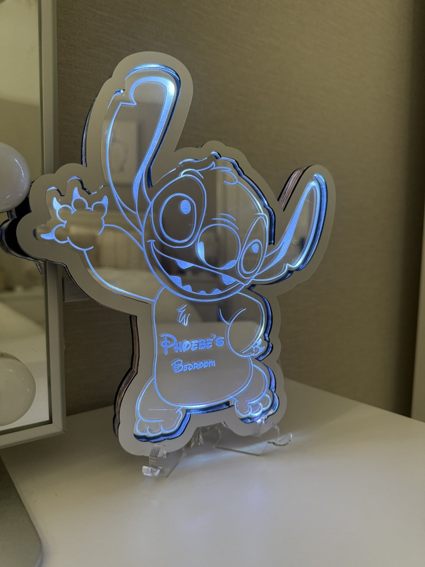 Personalised LED Mirror, Stitch & Lola, Kids Bedroom Sign, Plaque, Wedding, Office, Perfect Gift