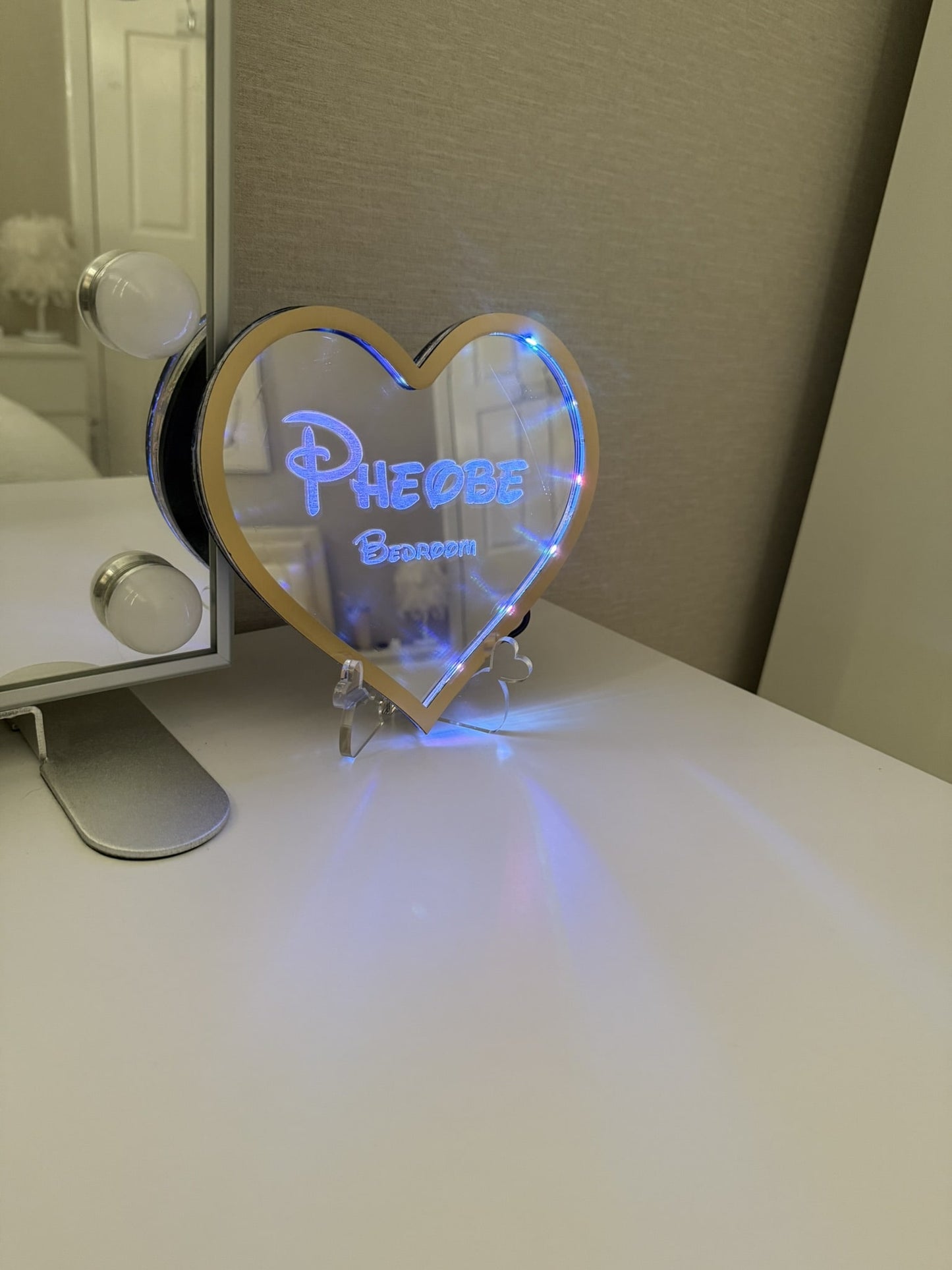 Personalised LED Mirror, Heart Shape, Kids Bedroom Sign, Plaque, Wedding, Office, Perfect Gift