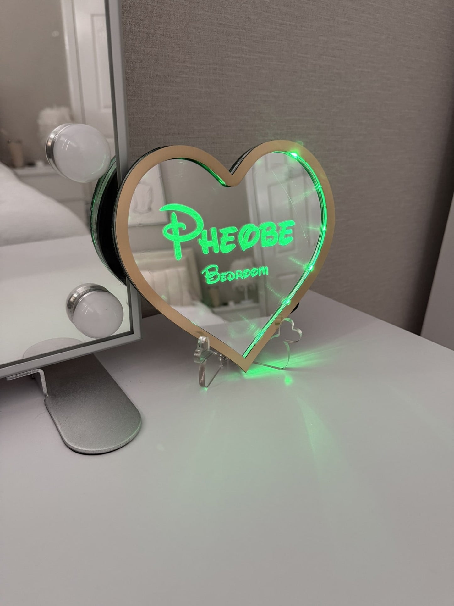 Personalised LED Mirror, Heart Shape, Kids Bedroom Sign, Plaque, Wedding, Office, Perfect Gift