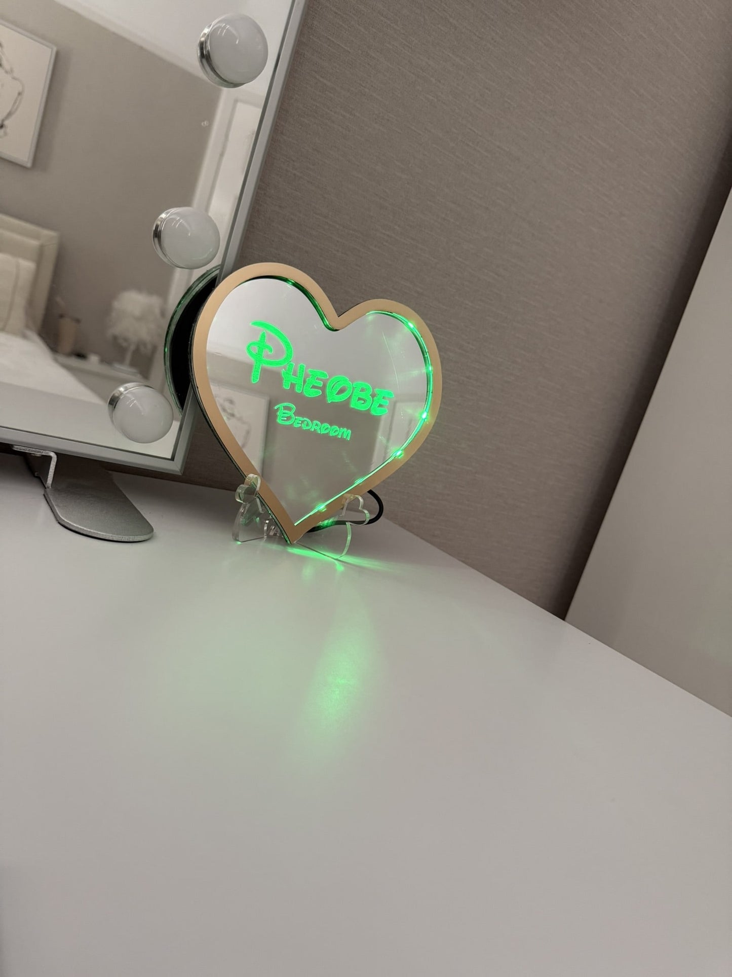 Personalised LED Mirror, Heart Shape, Kids Bedroom Sign, Plaque, Wedding, Office, Perfect Gift