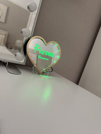 Personalised LED Mirror, Heart Shape, Kids Bedroom Sign, Plaque, Wedding, Office, Perfect Gift