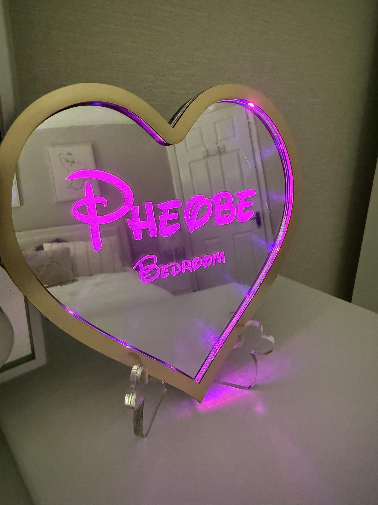 Personalised LED Mirror, Heart Shape, Kids Bedroom Sign, Plaque, Wedding, Office, Perfect Gift