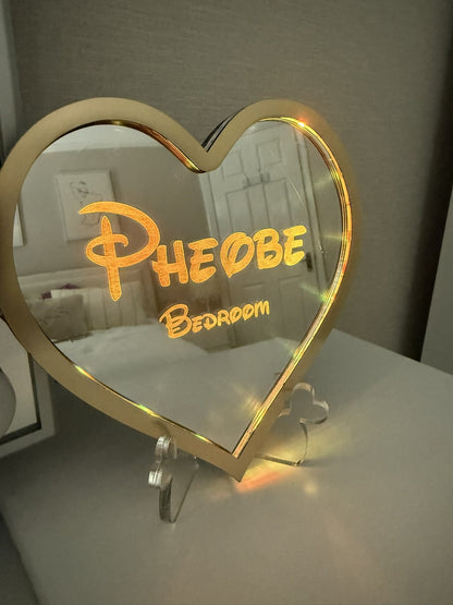 Personalised LED Mirror, Heart Shape, Kids Bedroom Sign, Plaque, Wedding, Office, Perfect Gift