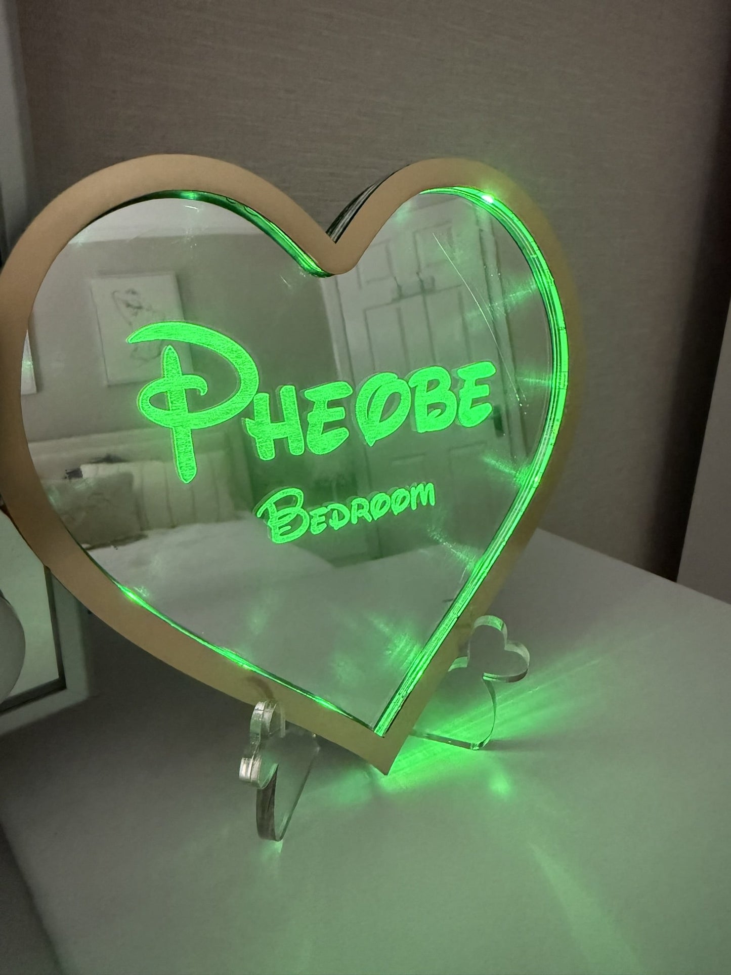 Personalised LED Mirror, Heart Shape, Kids Bedroom Sign, Plaque, Wedding, Office, Perfect Gift