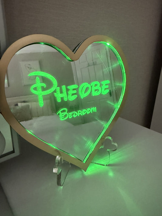 Personalised LED Mirror, Heart Shape, Kids Bedroom Sign, Plaque, Wedding, Office, Perfect Gift
