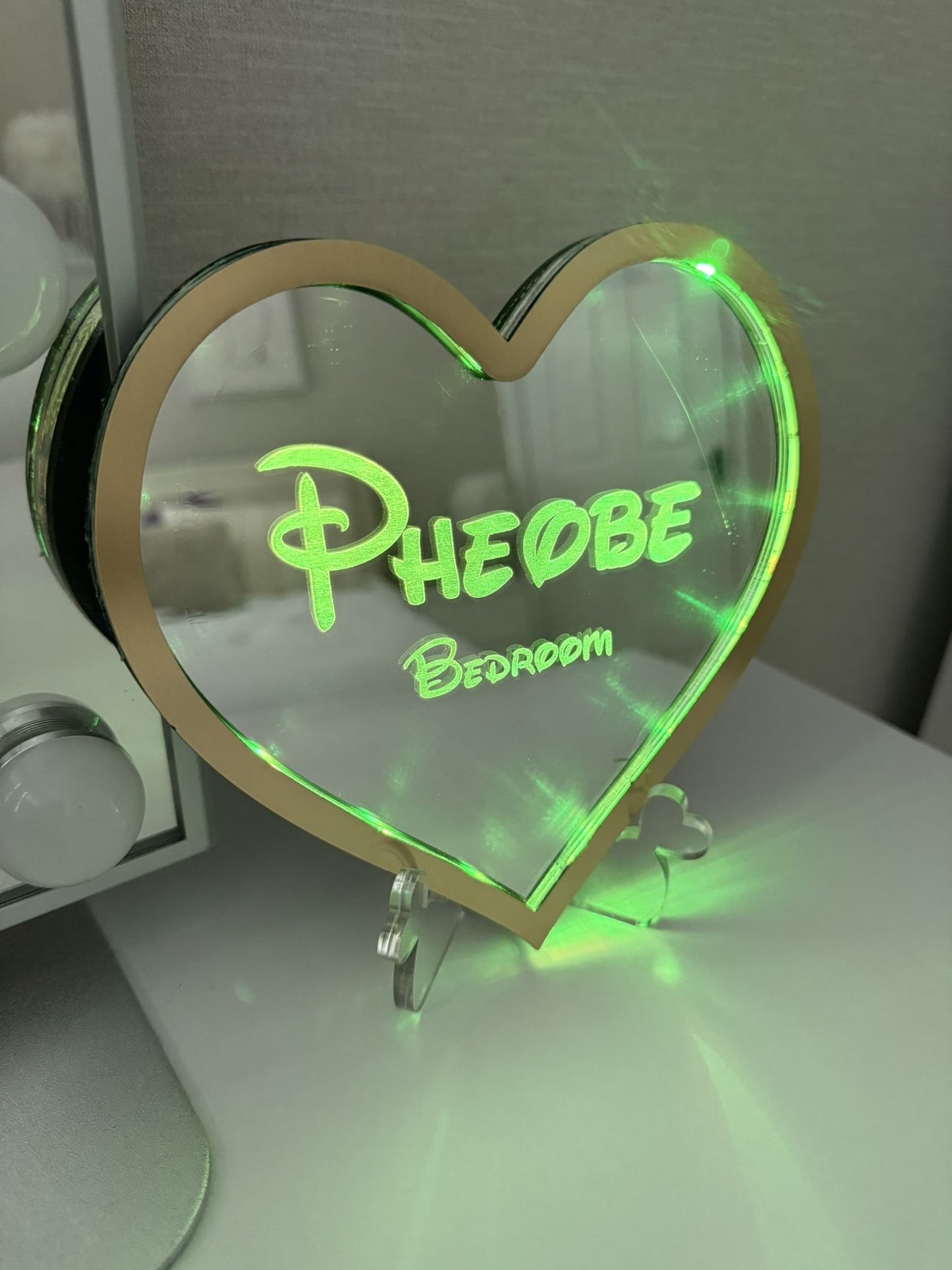 Personalised LED Mirror, Heart Shape, Kids Bedroom Sign, Plaque, Wedding, Office, Perfect Gift
