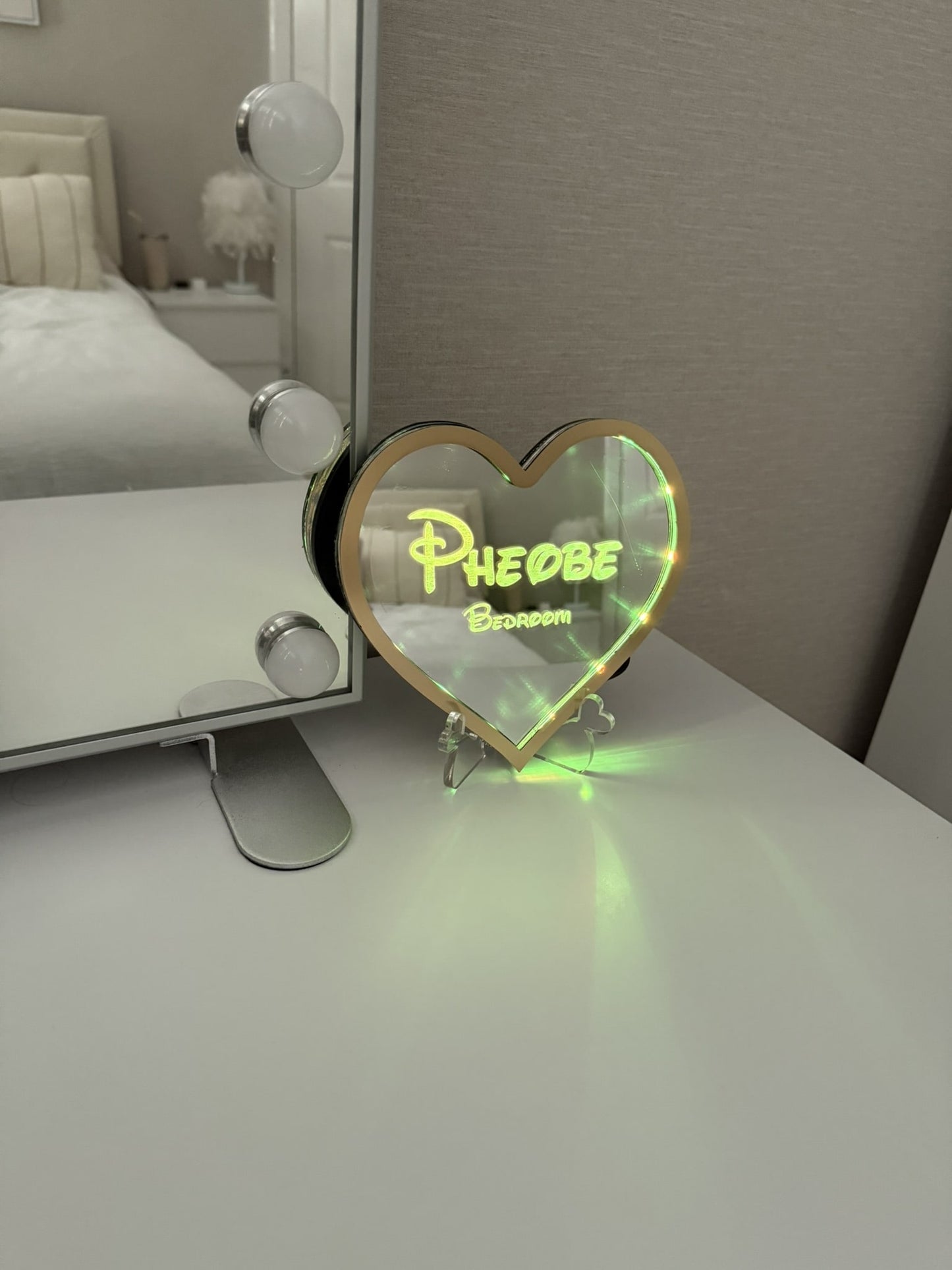 Personalised LED Mirror, Heart Shape, Kids Bedroom Sign, Plaque, Wedding, Office, Perfect Gift