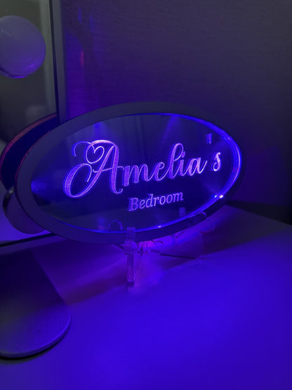 Personalised LED Mirror, Oval Shape, Kids Bedroom Sign, Plaque, Wedding, Office, Perfect Gift