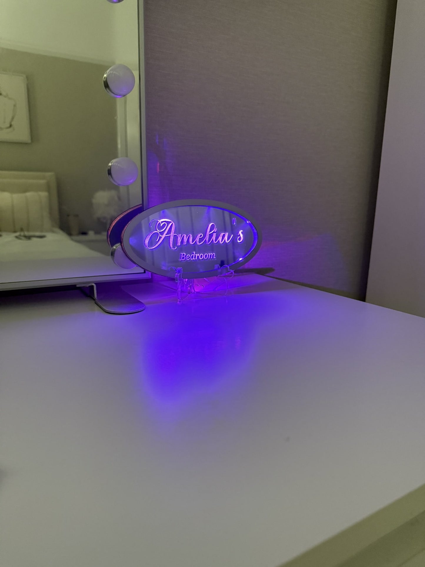 Personalised LED Mirror, Oval Shape, Kids Bedroom Sign, Plaque, Wedding, Office, Perfect Gift