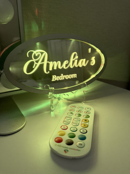 Personalised LED Mirror, Oval Shape, Kids Bedroom Sign, Plaque, Wedding, Office, Perfect Gift