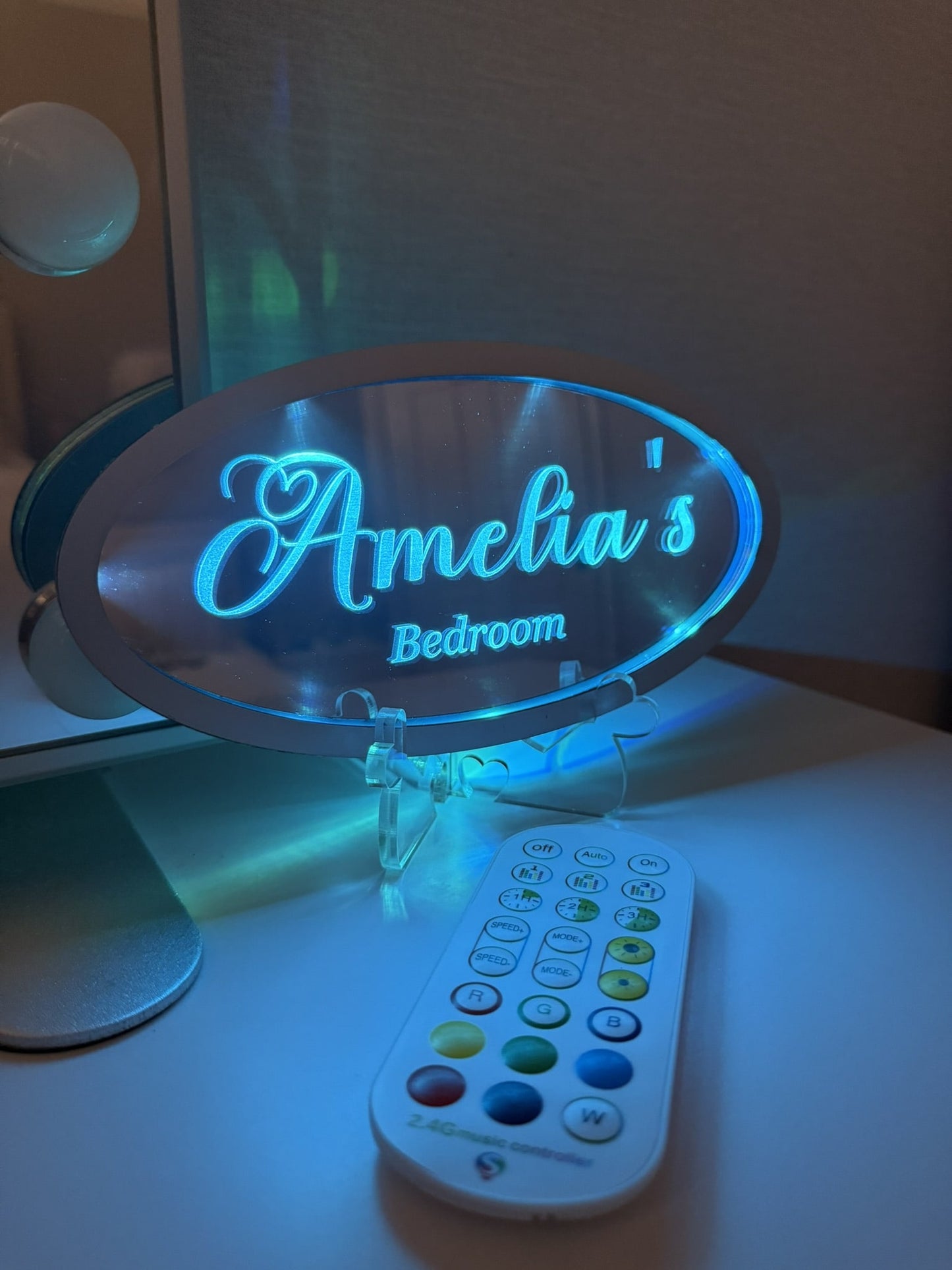 Personalised LED Mirror, Oval Shape, Kids Bedroom Sign, Plaque, Wedding, Office, Perfect Gift