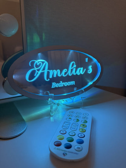 Personalised LED Mirror, Oval Shape, Kids Bedroom Sign, Plaque, Wedding, Office, Perfect Gift