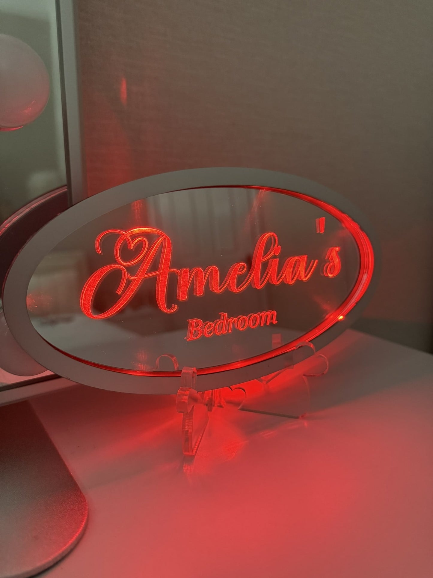 Personalised LED Mirror, Oval Shape, Kids Bedroom Sign, Plaque, Wedding, Office, Perfect Gift